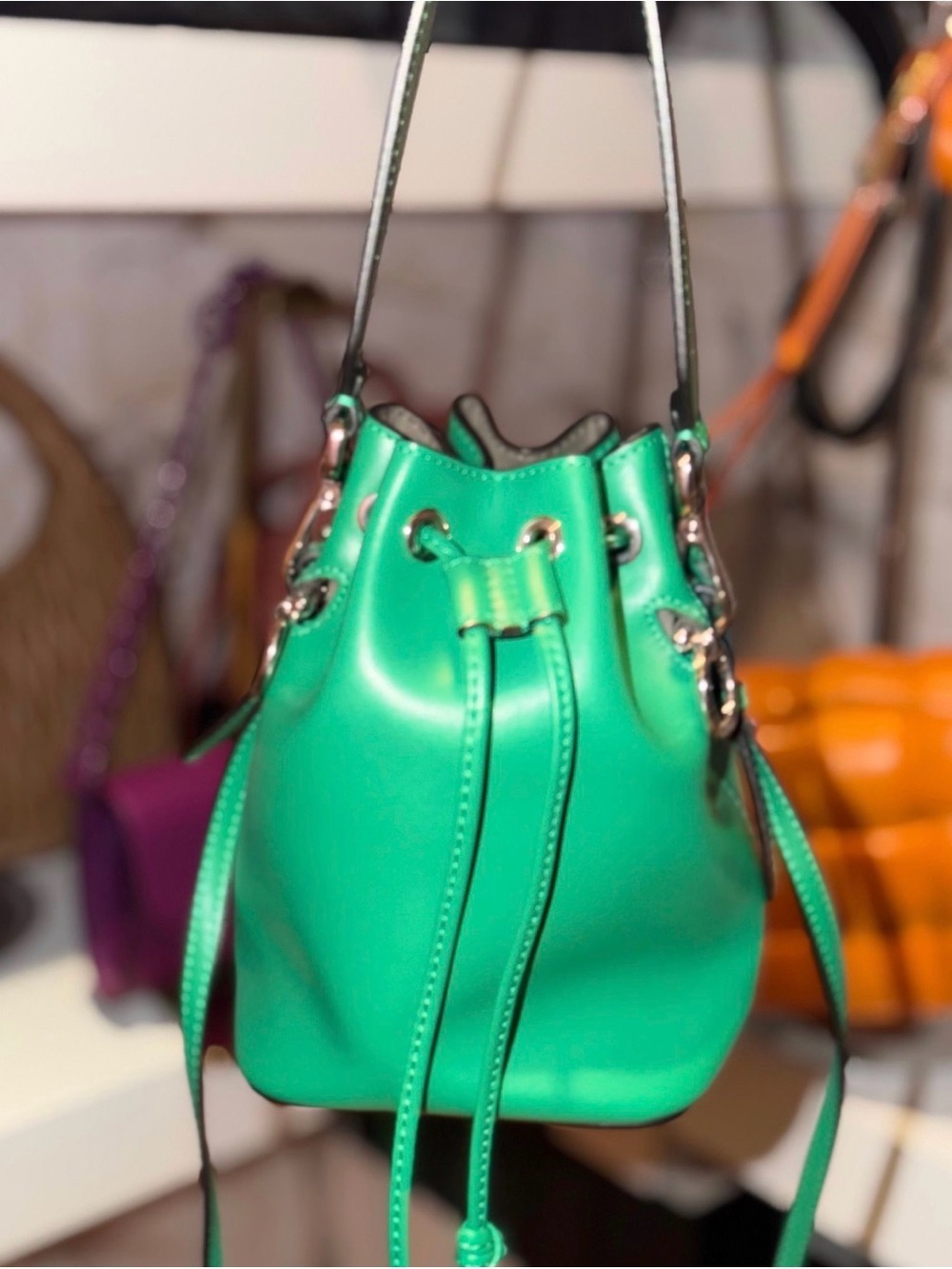 Fendi Green Leather Drawstring Mini Bucket Bag